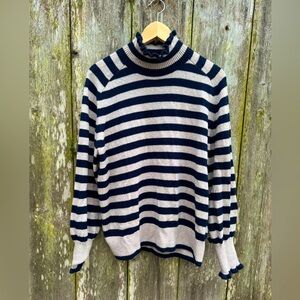 Rebecca Taylor Navy Blue Cream Stripe Merino Wool Ruffle Pullover Sweater